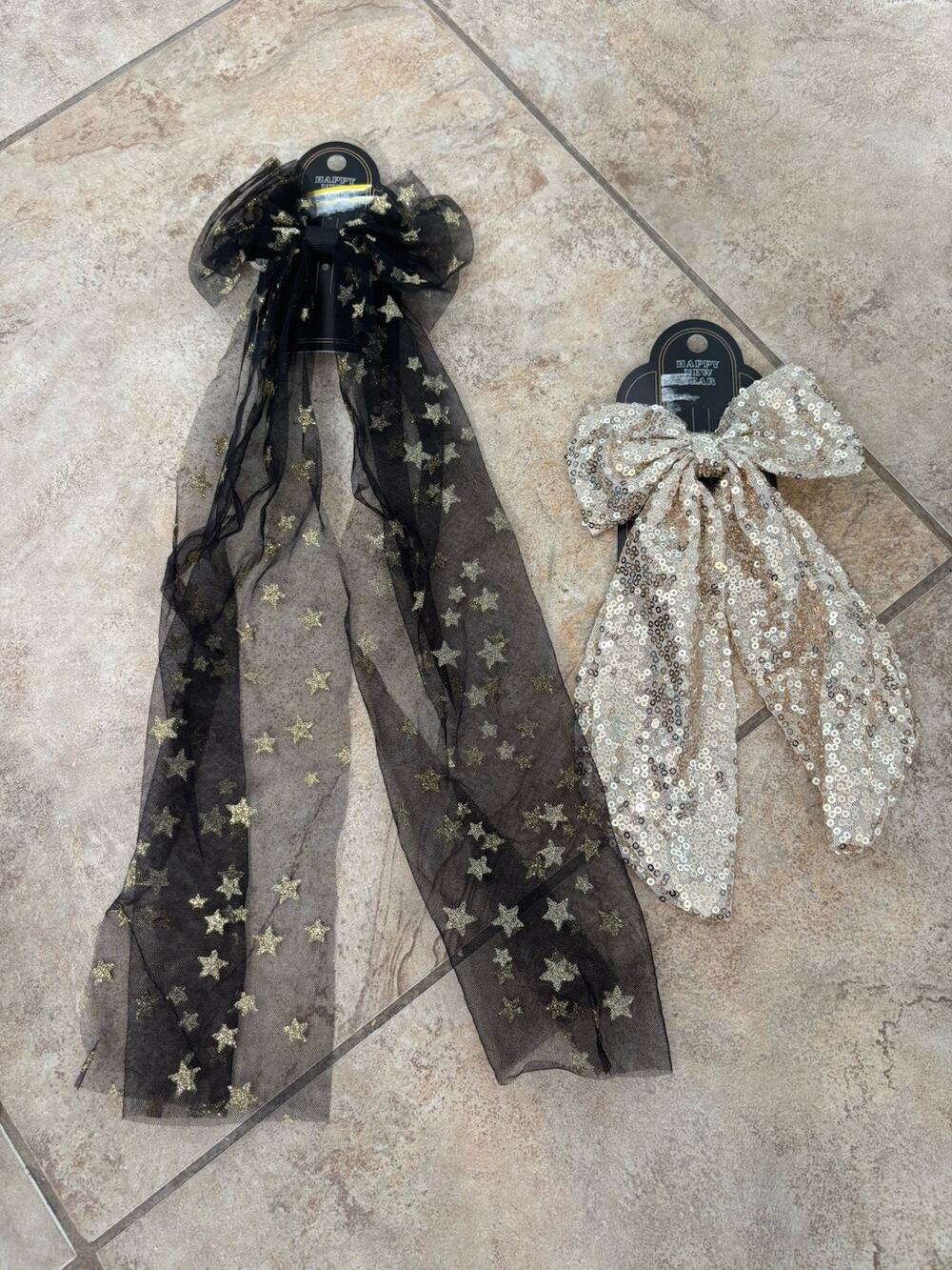 Festive Holiday Hair Bows For Women - 2 Bows In The Lot - Black And Gold - Picture 1 of 8